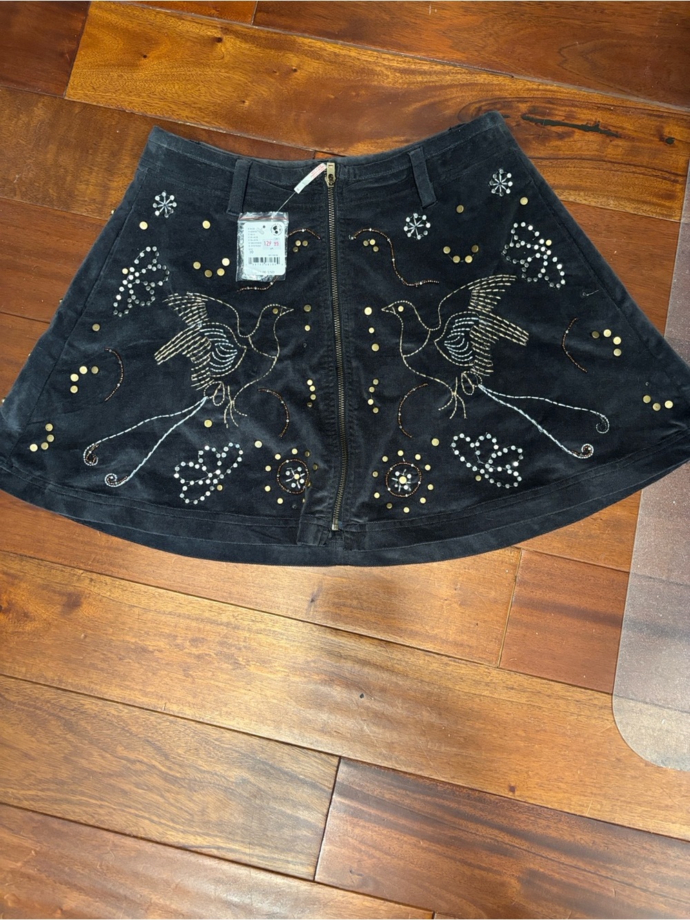 Free People Velvet Embroidered Bird Mini Skirt with Gold Studs